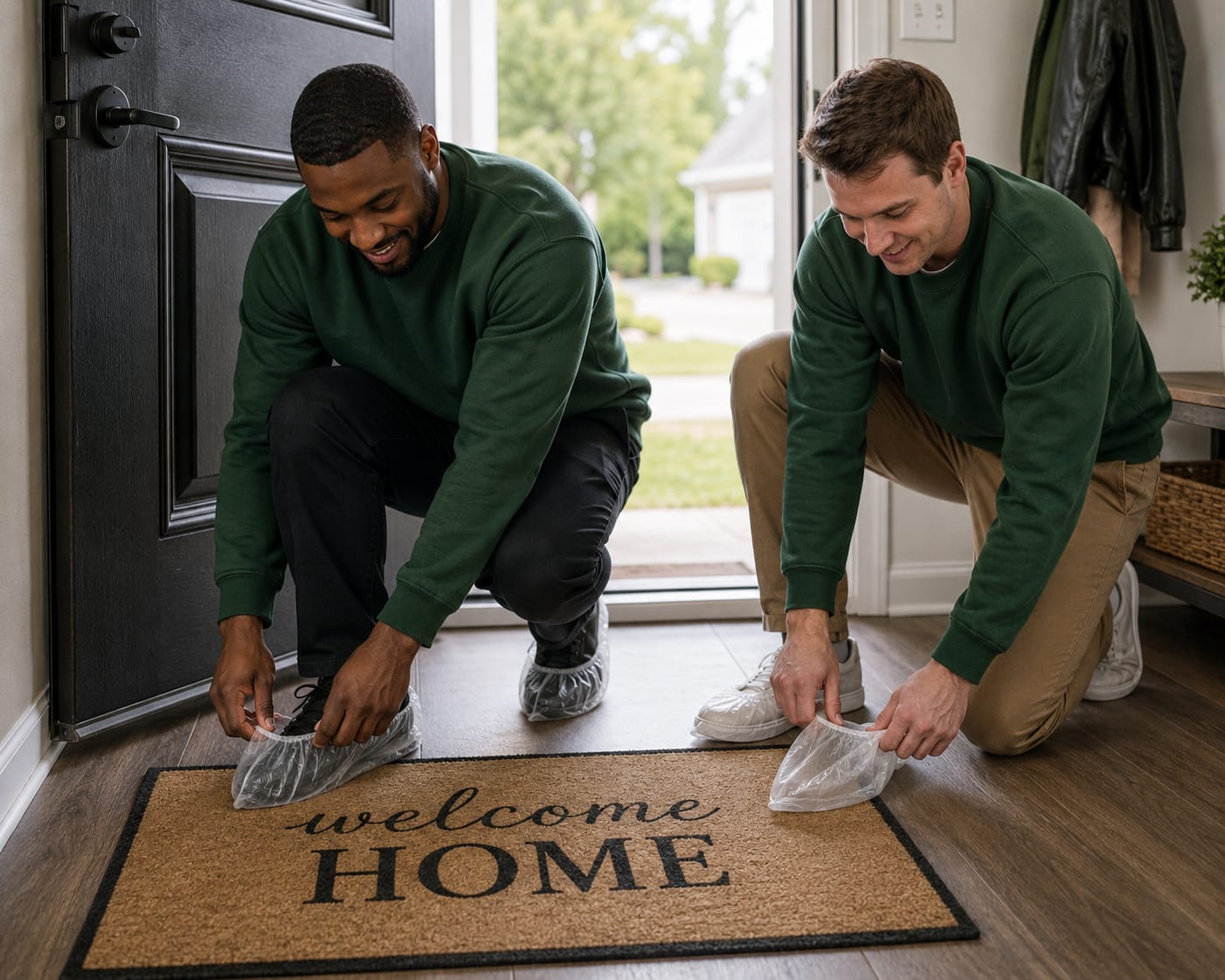 A to Z Removals crew kneeling on a Welcome Home doormat fitting disposable shoe covers before entering a customer's home