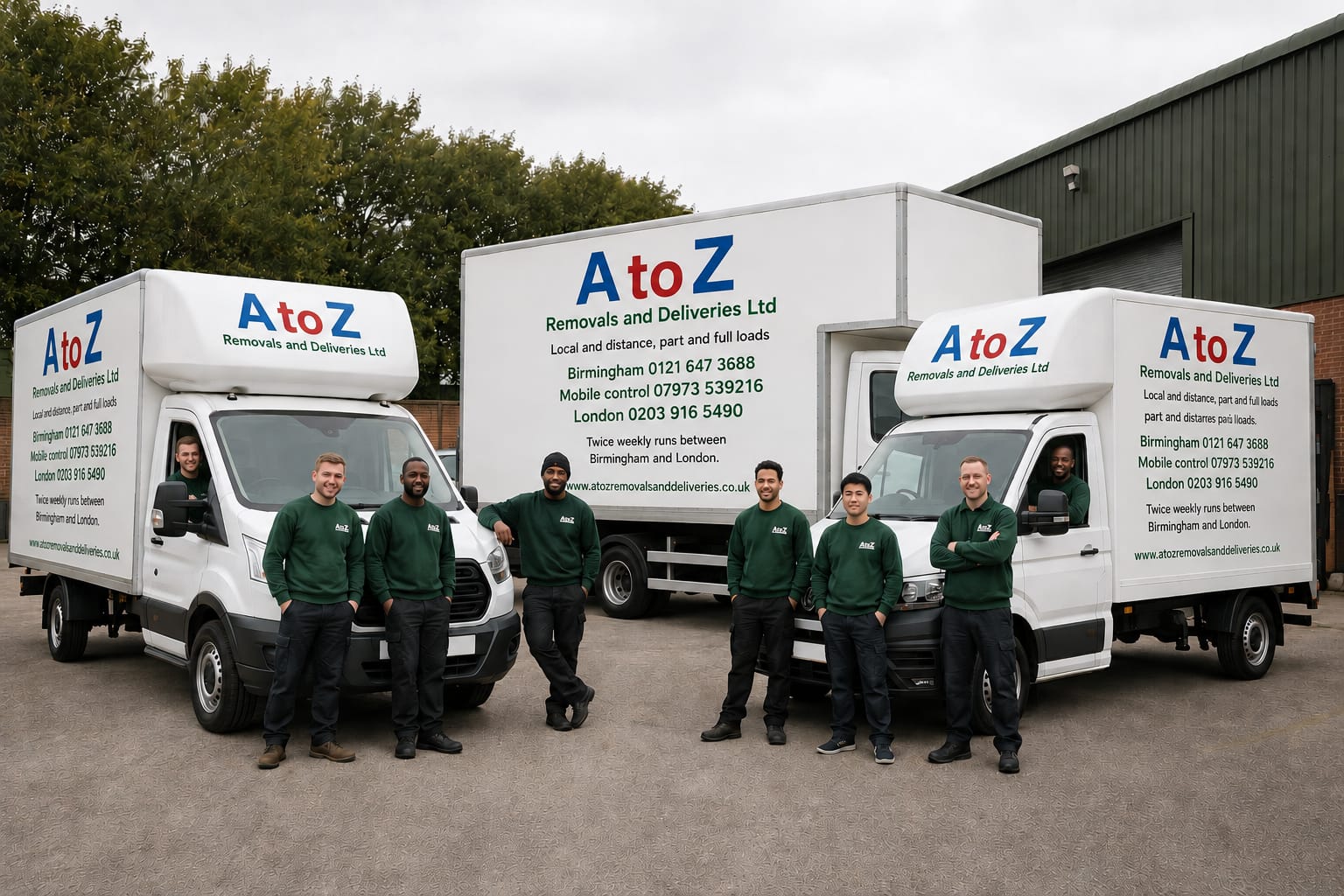 A to Z Removals and Deliveries Ltd fleet of branded Luton vans with full removals crew — Birmingham & London nationwide service