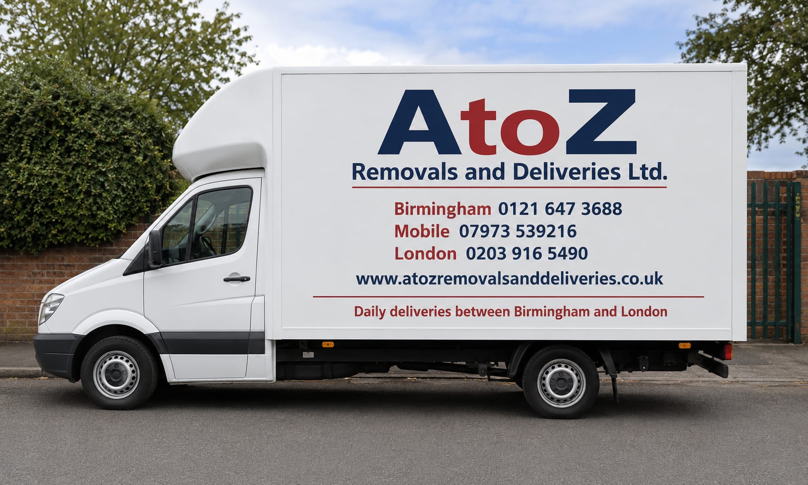 A to Z Removals branded Luton van with daily Birmingham & London delivery routes signage — call 0121 647 3688 or 0203 916 5490