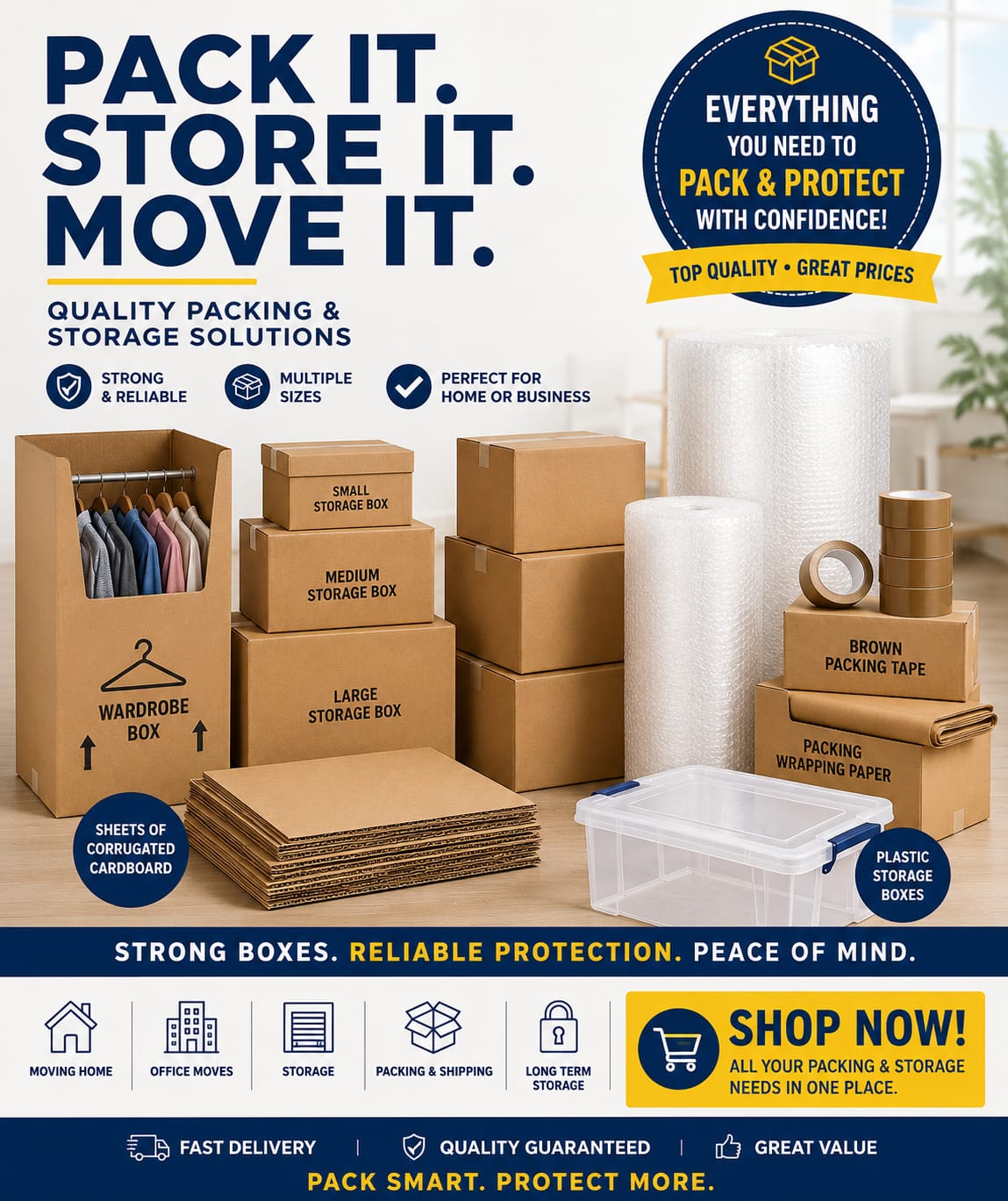 A to Z Removals packing and storage supplies — cardboard boxes in small, medium, large and wardrobe sizes, bubble wrap, packing tape, wrapping paper and plastic storage boxes