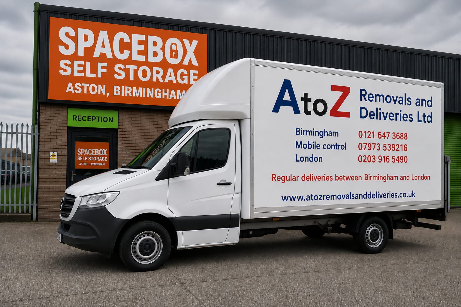 A to Z Removals van outside Spacebox Self Storage in Aston, Birmingham — partner secure storage facility